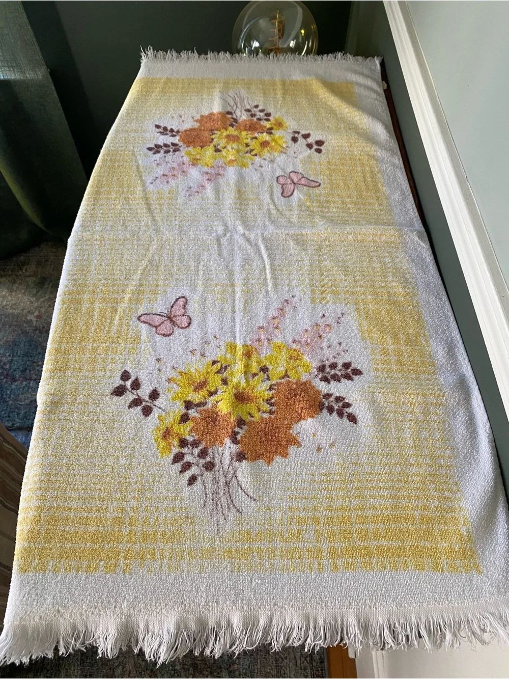 Vintage Mid Century MCM Yellow Orange Floral Butterfly Bathroom Towel
